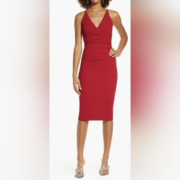 Dress the Population | Dresses | Nwot Dress The Population Red Anita Crepe  Spaghetti Strap V Neck Back Ruched | Poshmark